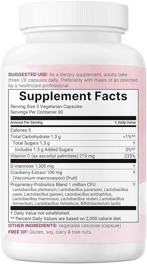 Pure D Mannose 1,300mg with Cranberry & Probiotics, 240 Veggie Capsules | Urinary Tract Health for Women | Plus 1 Million CFU Probiotics Blend & High Absorption Vitamin C | Filler Free, Non-GMO - Image 7