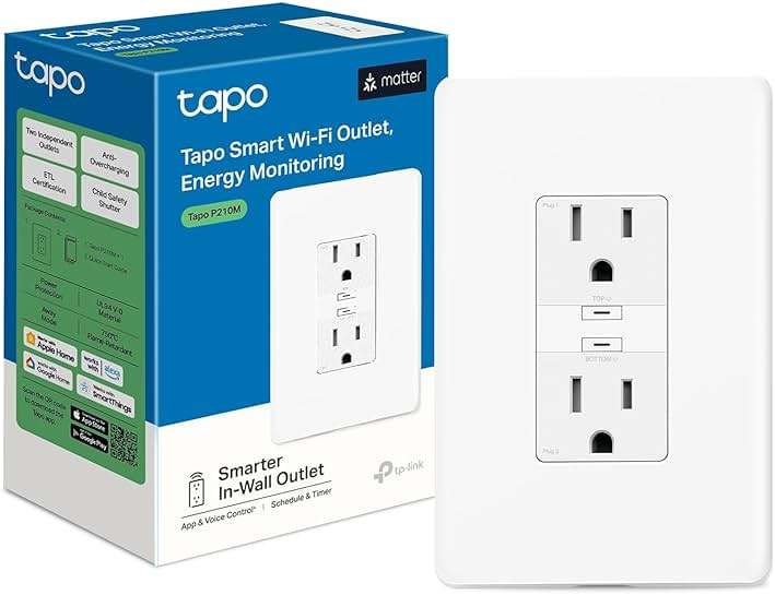 Tapo Smart Plug, Wi-Fi in-Wall Outlet, Matter Compatible, Energy Monitoring, 15A/1800W Max, Works with Alexa, Apple Home, Google Home, SmartThings, Voice/Remote Control, ETL Certified - Tapo P210M - Image 1