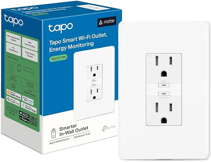 Tapo Smart Plug, Wi-Fi in-Wall Outlet, Matter Compatible, Energy Monitoring, 15A/1800W Max, Works with Alexa, Apple Home, Google Home, SmartThings, Voice/Remote Control, ETL Certified - Tapo P210M - Product Image