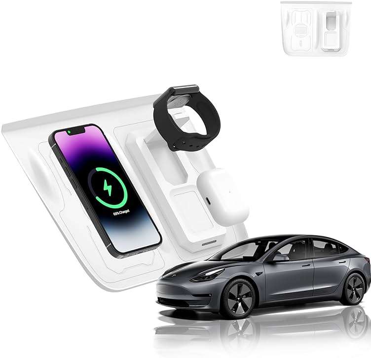 Fannasi 3-in-1 Wireless Charging Silicone Mat for Tesla Model Y&Model 3(2021-2023) Accessories, Anti-Slip Fast Charging Pad Compatible with Smartphones, AirPods, and Smartwatches (White) - Image 1