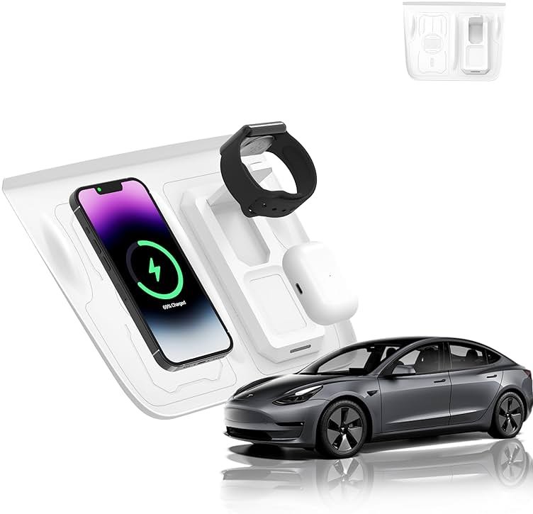Fannasi 3-in-1 Wireless Charging Silicone Mat for Tesla Model Y&Model 3(2021-2023) Accessories, Anti-Slip Fast Charging Pad Compatible with Smartphones, AirPods, and Smartwatches (White) - Product Image