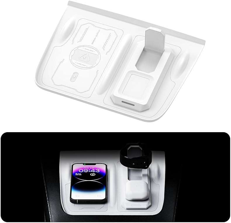 Fannasi 3-in-1 Wireless Charging Silicone Mat for Tesla Model Y&Model 3(2021-2023) Accessories, Anti-Slip Fast Charging Pad Compatible with Smartphones, AirPods, and Smartwatches (White) - Image 2