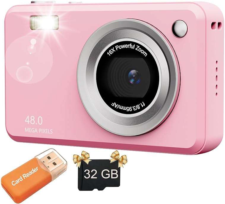 Digital Camera with 32GB Card,48MP Compact Portable Small Point Shoot Camera,FHD 1080P Point and Shoot Digital Cameras with 16X Zoom,for Boys Girls Teens Gifts - Image 1