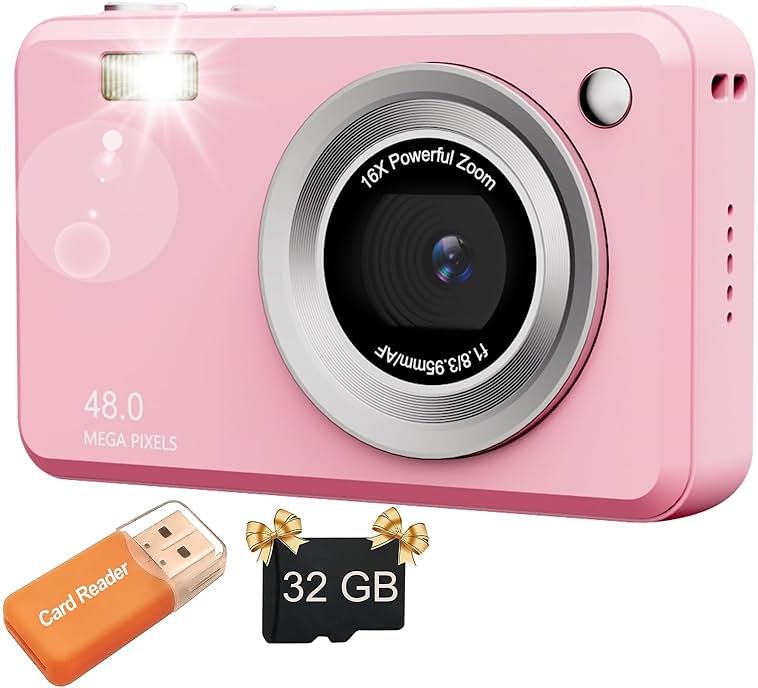 Digital Camera with 32GB Card,48MP Compact Portable Small Point Shoot Camera,FHD 1080P Point and Shoot Digital Cameras with 16X Zoom,for Boys Girls Teens Gifts - Product Image