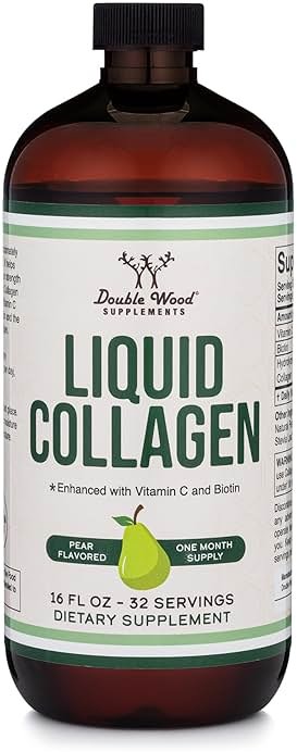 Double Wood Supplements Premium Liquid Collagen - 2500mg of Hydrolyzed Bovine Collagen (Type 1, 3 and Grassfed) - 32 Servings - for Women and Men - 30 mcg of Biotin - Sugar Free Pear Flavor - Product Image