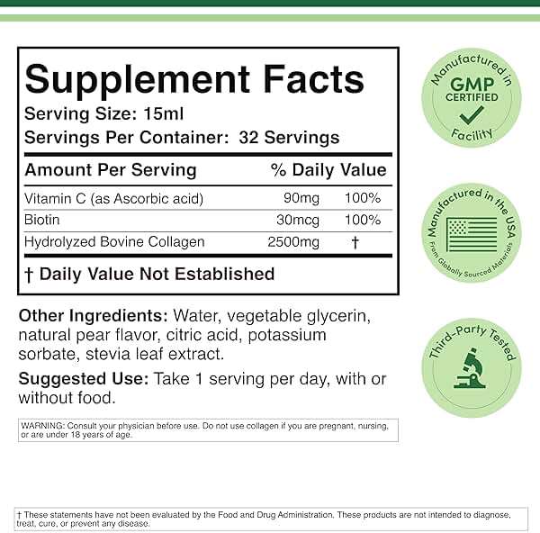 Double Wood Supplements Premium Liquid Collagen - 2500mg of Hydrolyzed Bovine Collagen (Type 1, 3 and Grassfed) - 32 Servings - for Women and Men - 30 mcg of Biotin - Sugar Free Pear Flavor - Image 2