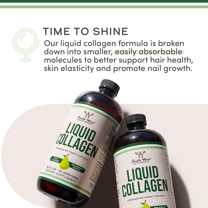 Double Wood Supplements Premium Liquid Collagen - 2500mg of Hydrolyzed Bovine Collagen (Type 1, 3 and Grassfed) - 32 Servings - for Women and Men - 30 mcg of Biotin - Sugar Free Pear Flavor - Image 3