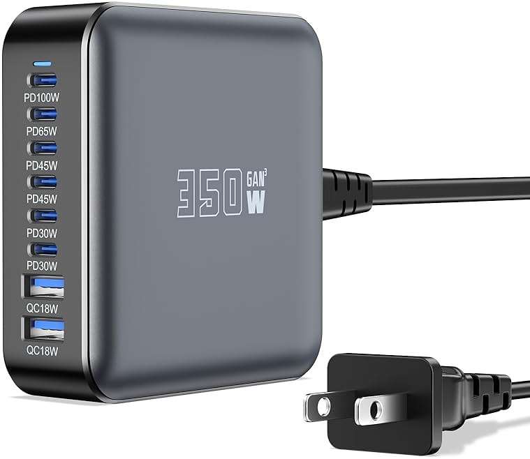 350W USB Fast Charging Station, 8 Port USB C Multi Port Charger Block with PD 100W Fast Charging Station for Multiple Devices, USB Charger Block Compatible iPhone, Android Cell Phone, Tablet, iPad - Image 1