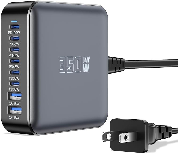 350W USB Fast Charging Station, 8 Port USB C Multi Port Charger Block with PD 100W Fast Charging Station for Multiple Devices, USB Charger Block Compatible iPhone, Android Cell Phone, Tablet, iPad - Product Image