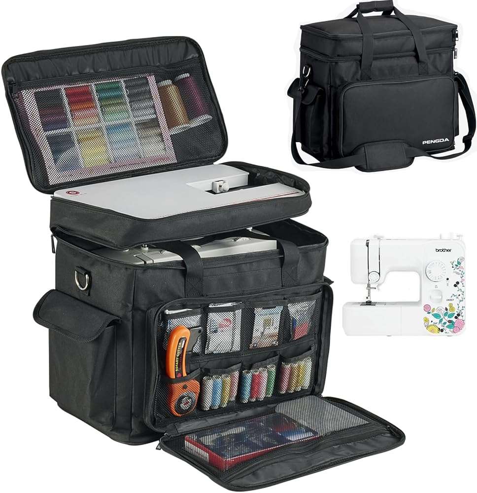 PENGDA 2 Layer Sewing Machine Case with Adjustable Shoulder Strap Sewing Machine Carrying Case Universal Tote Bag for Sewing Machine and Sewing Accessories Storage Black - Image 1