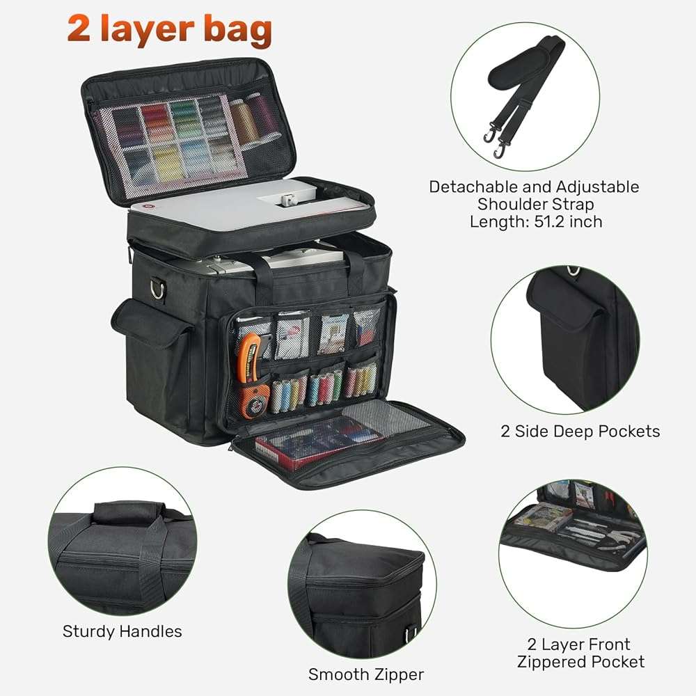 PENGDA 2 Layer Sewing Machine Case with Adjustable Shoulder Strap Sewing Machine Carrying Case Universal Tote Bag for Sewing Machine and Sewing Accessories Storage Black - Image 6