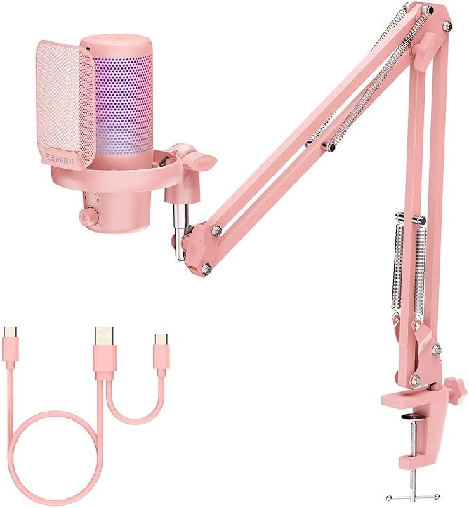 FEELWORLD VM1 Pink Gaming PC USB Microphone Condenser Mic with Noise Cancellation Mute RGB Light, Computer Accessories Gifts for Gamer YouTube Twitch Podcast Streaming Recording Online Chat PS4 PS5 - Product Image