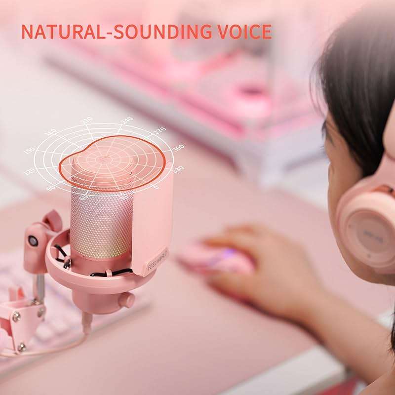 FEELWORLD VM1 Pink Gaming PC USB Microphone Condenser Mic with Noise Cancellation Mute RGB Light, Computer Accessories Gifts for Gamer YouTube Twitch Podcast Streaming Recording Online Chat PS4 PS5 - Image 6