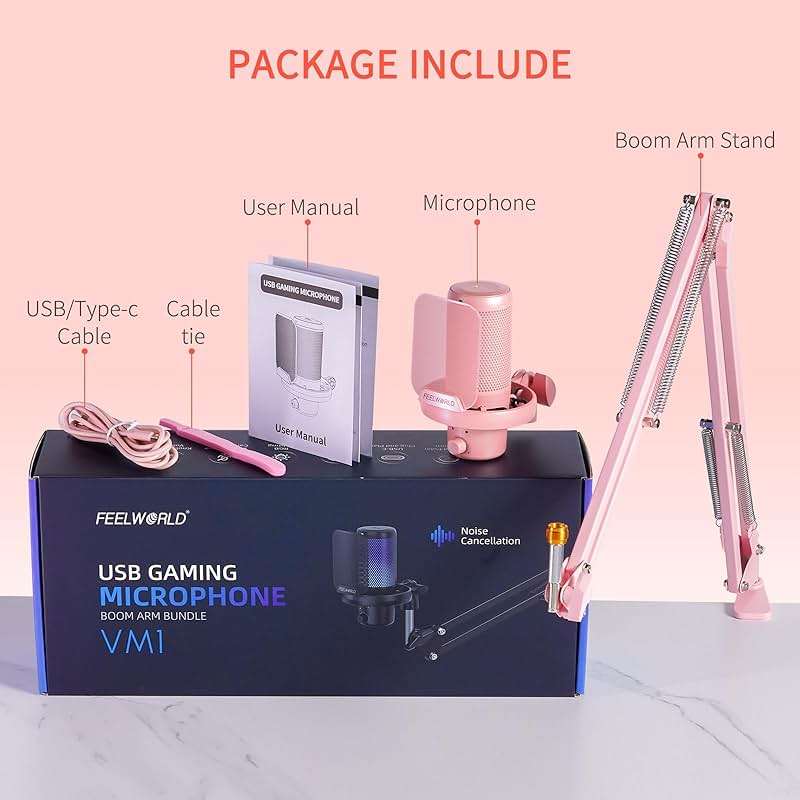 FEELWORLD VM1 Pink Gaming PC USB Microphone Condenser Mic with Noise Cancellation Mute RGB Light, Computer Accessories Gifts for Gamer YouTube Twitch Podcast Streaming Recording Online Chat PS4 PS5 - Image 7