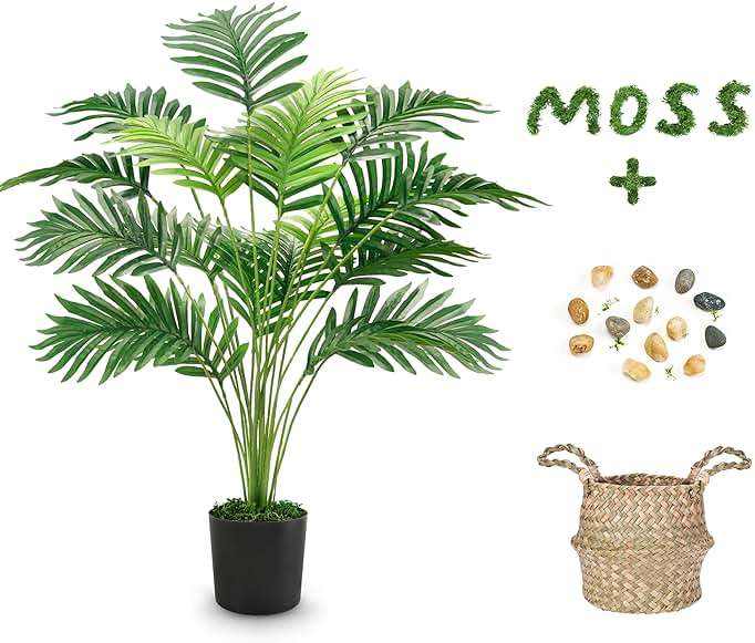Der Rose Fake Palm Tree 28Inch Faux Plant Potted Tall Fake Plant with Hand-Woven Baskets Artificial Tree for Indoor Outdoor Home Office Bedroom Porch Balcony Decor - Image 1