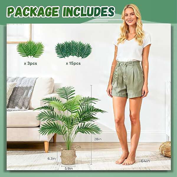 Der Rose Fake Palm Tree 28Inch Faux Plant Potted Tall Fake Plant with Hand-Woven Baskets Artificial Tree for Indoor Outdoor Home Office Bedroom Porch Balcony Decor - Image 3