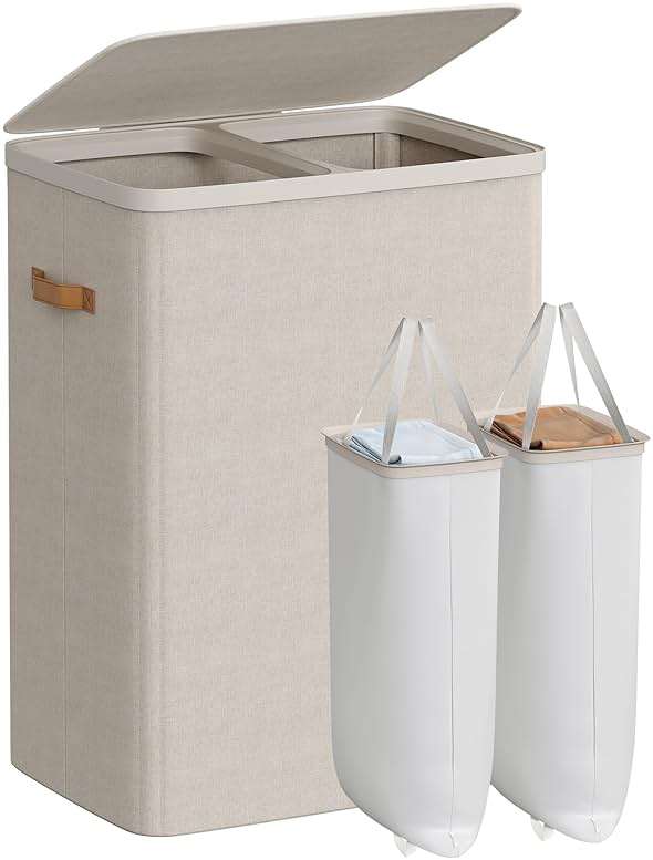 SONGMICS Laundry Basket, 44.9 Gal. Laundry Hamper, 2 Compartments, Easy Assembly, with Lid and Handles, Removable Liners, 22 x 15.7 x 29.5 Inches, Cappuccino Beige ULCB813L01 - Image 1