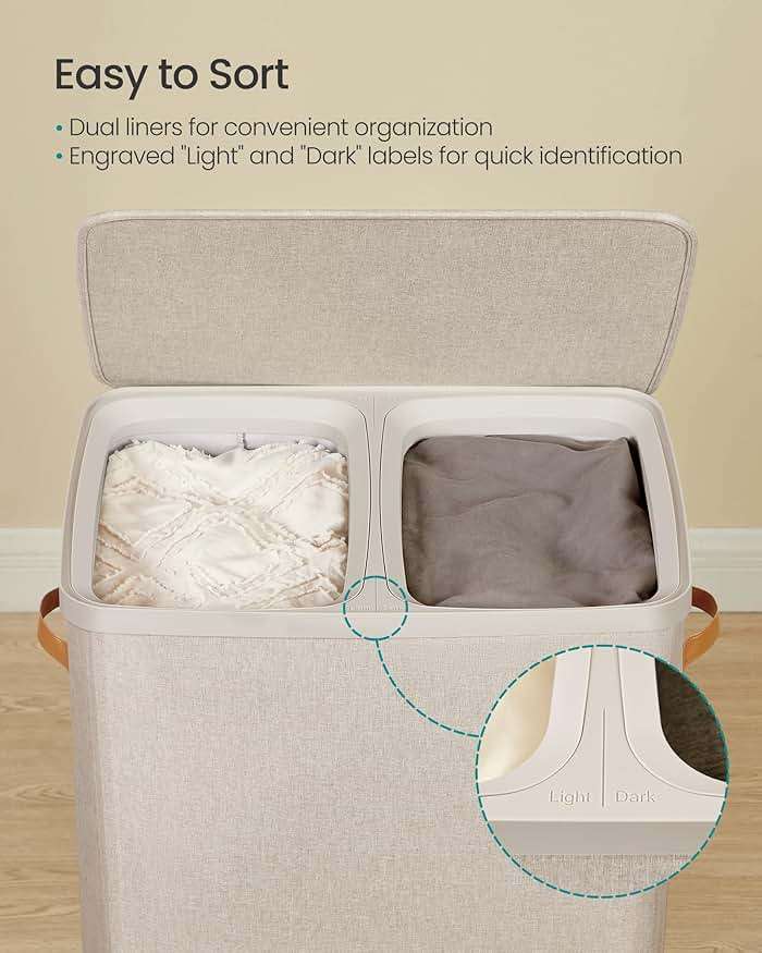 SONGMICS Laundry Basket, 44.9 Gal. Laundry Hamper, 2 Compartments, Easy Assembly, with Lid and Handles, Removable Liners, 22 x 15.7 x 29.5 Inches, Cappuccino Beige ULCB813L01 - Image 4