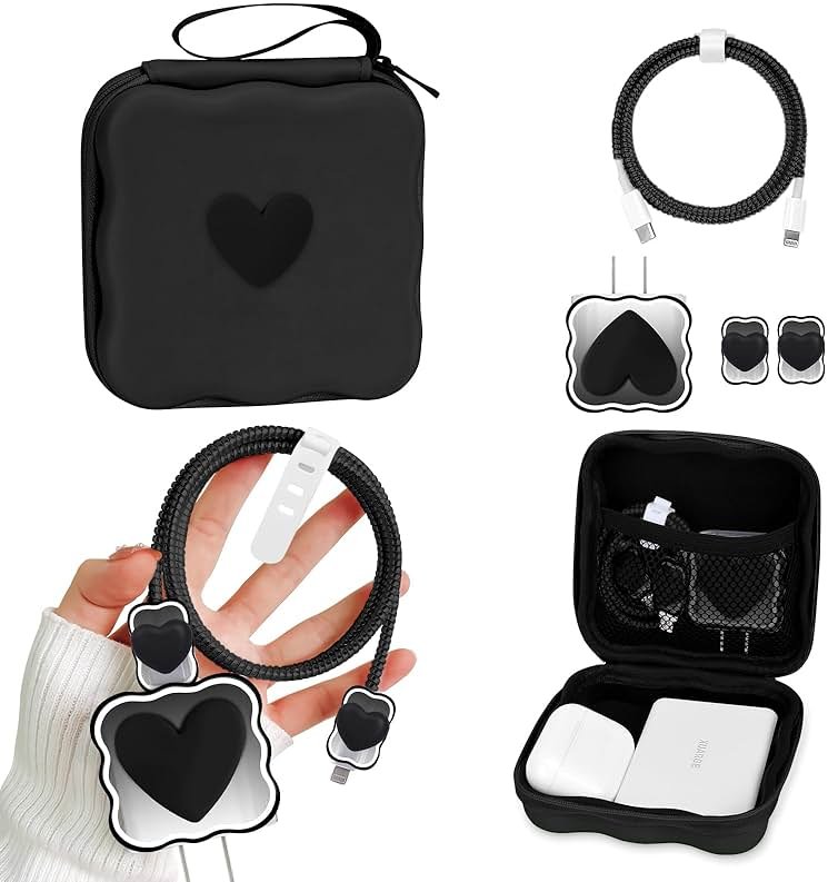 CameCosy DIY Phone Charger Case Storage Sets Cable Protector Earphone Wire Saver with Wave Travel Storage Bag, Cute Cable Charger Protector Cord Organizer for iPhone (Black Love Heart) - Product Image