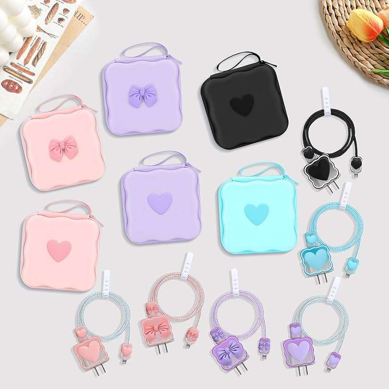 CameCosy DIY Phone Charger Case Storage Sets Cable Protector Earphone Wire Saver with Wave Travel Storage Bag, Cute Cable Charger Protector Cord Organizer for iPhone (Black Love Heart) - Image 7