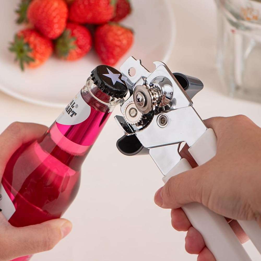 Can Opener Manual, Can Openers Hand Held with Comfort Anti-Slip Handles, Heavy Duty Stainless Steel Can Opener Smooth Edge and Bottle Openers, Easy Turn Can Openers for Seniors, Kitchen, White - Image 2