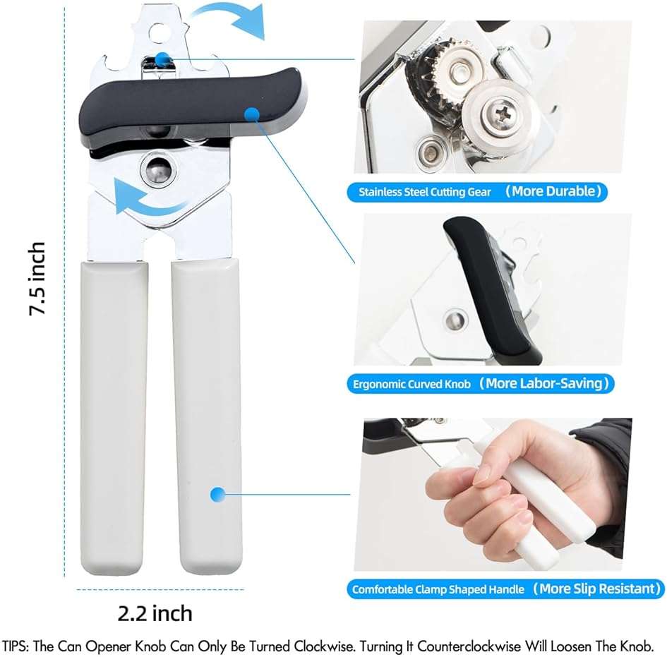 Can Opener Manual, Can Openers Hand Held with Comfort Anti-Slip Handles, Heavy Duty Stainless Steel Can Opener Smooth Edge and Bottle Openers, Easy Turn Can Openers for Seniors, Kitchen, White - Image 3