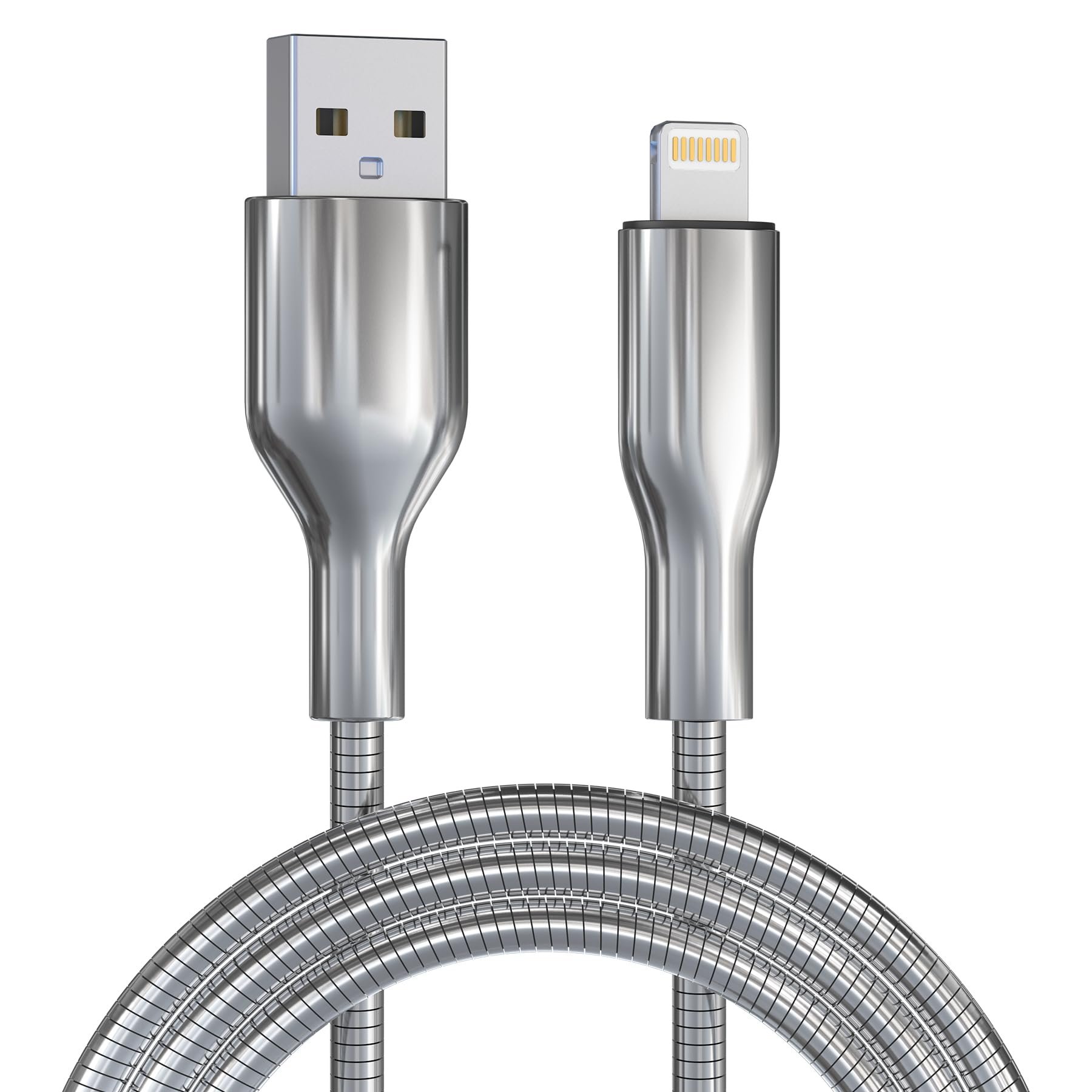 6FT Chew Proof iPhone Charger Cord - MFi Certified Silver Metal Braided USB to Lightning Cable, Metal Dog Cat Chew Proof iPhone Charging Cord with Data Transfer, for iPhone 14 13 12 11 X XS XR 8 7 6 5 - Product Image