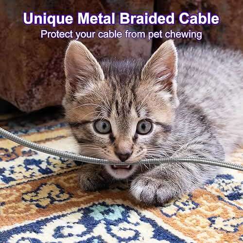 6FT Chew Proof iPhone Charger Cord - MFi Certified Silver Metal Braided USB to Lightning Cable, Metal Dog Cat Chew Proof iPhone Charging Cord with Data Transfer, for iPhone 14 13 12 11 X XS XR 8 7 6 5 - Image 2