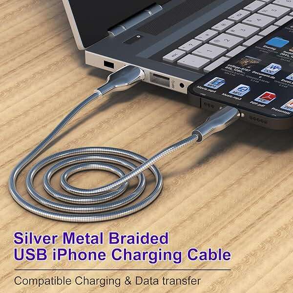 6FT Chew Proof iPhone Charger Cord - MFi Certified Silver Metal Braided USB to Lightning Cable, Metal Dog Cat Chew Proof iPhone Charging Cord with Data Transfer, for iPhone 14 13 12 11 X XS XR 8 7 6 5 - Image 3