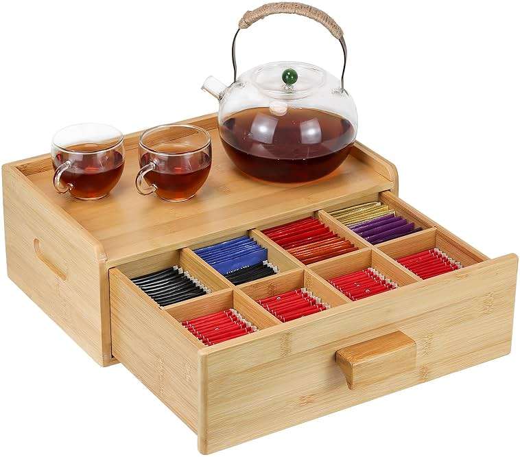 MOCAS Bamboo Tea Bag Organizer, Slide Drawer Storage Box with 8 Compartments, Eco-Friendly Countertop Holder Display for Teabags, Tea Station Chest, Organizador De Te - Image 1