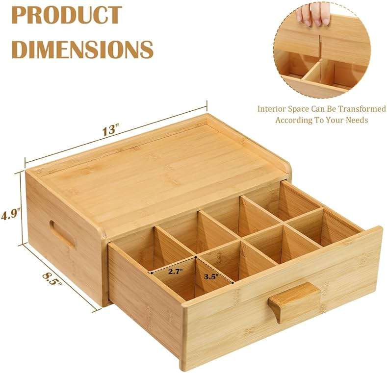 MOCAS Bamboo Tea Bag Organizer, Slide Drawer Storage Box with 8 Compartments, Eco-Friendly Countertop Holder Display for Teabags, Tea Station Chest, Organizador De Te - Image 3