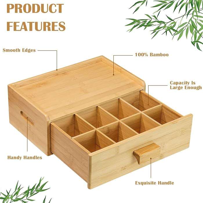 MOCAS Bamboo Tea Bag Organizer, Slide Drawer Storage Box with 8 Compartments, Eco-Friendly Countertop Holder Display for Teabags, Tea Station Chest, Organizador De Te - Image 4