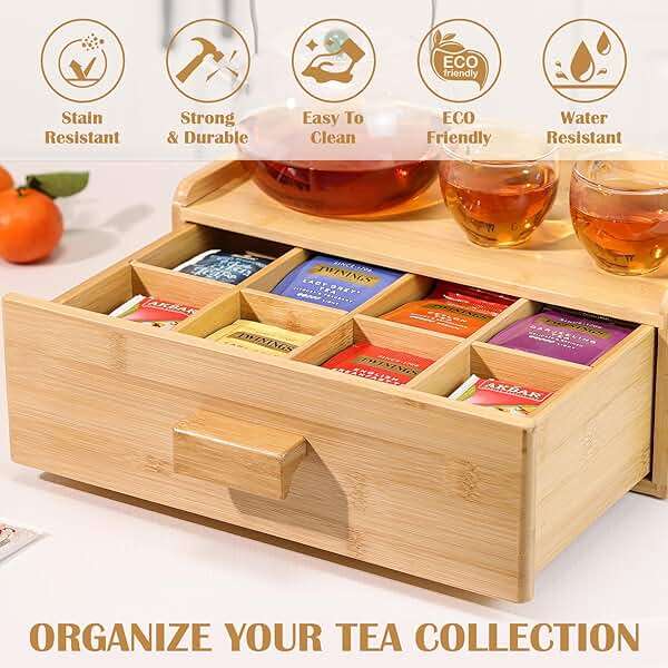 MOCAS Bamboo Tea Bag Organizer, Slide Drawer Storage Box with 8 Compartments, Eco-Friendly Countertop Holder Display for Teabags, Tea Station Chest, Organizador De Te - Image 5