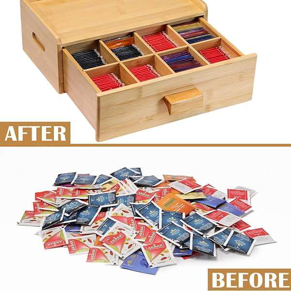 MOCAS Bamboo Tea Bag Organizer, Slide Drawer Storage Box with 8 Compartments, Eco-Friendly Countertop Holder Display for Teabags, Tea Station Chest, Organizador De Te - Image 6