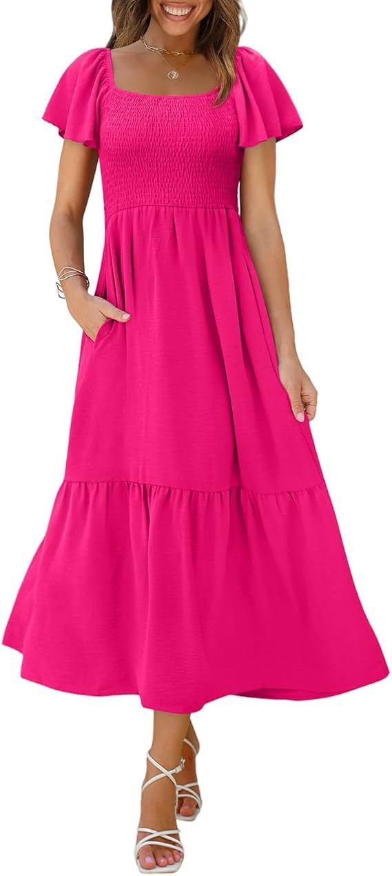 OFEEFAN Summer Dresses for Women Square Neck Ruffle Sleeve Smocked Maxi Dress with Pockets - Product Image