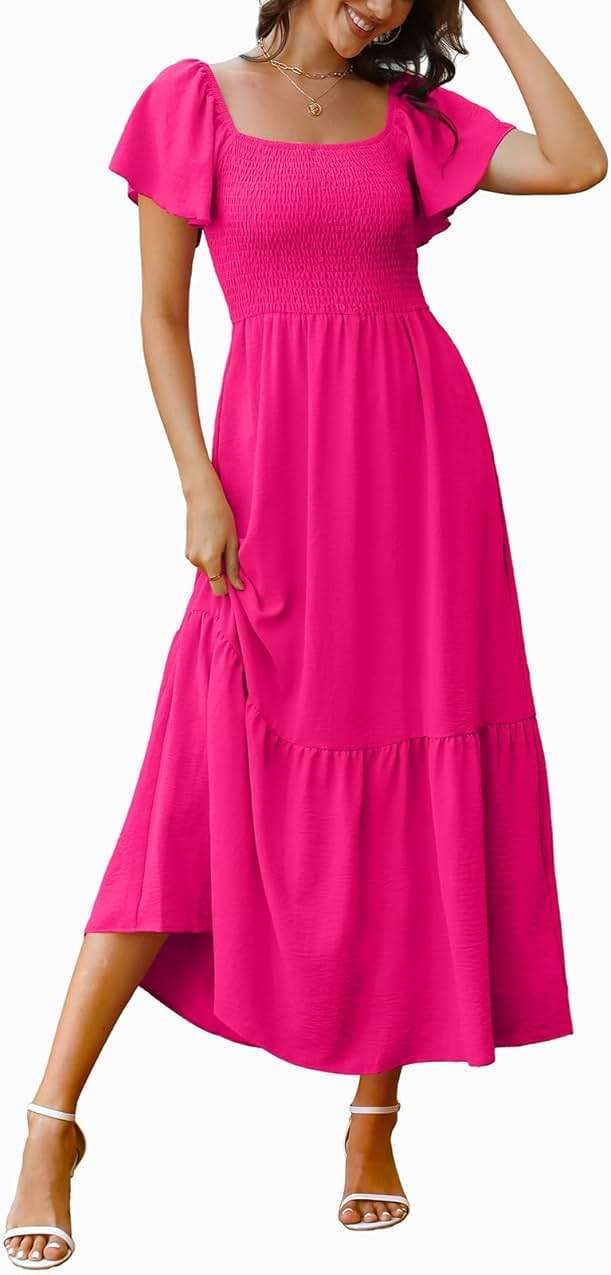 OFEEFAN Summer Dresses for Women Square Neck Ruffle Sleeve Smocked Maxi Dress with Pockets - Image 2