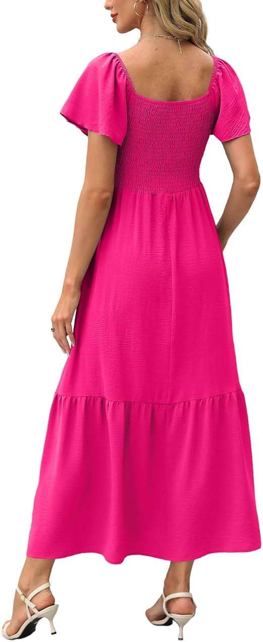 OFEEFAN Summer Dresses for Women Square Neck Ruffle Sleeve Smocked Maxi Dress with Pockets - Image 5