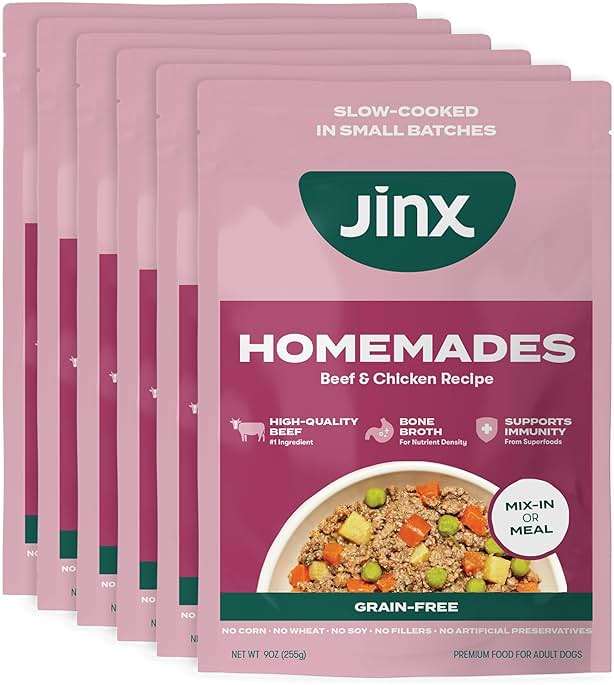 Jinx Beef & Chicken Grain Free Wet Dog Food Pouches, Meal or Dog Food Topper Mix-in, Made with Real Beef & Chicken, Bone Broth, No Fillers - Puppy, Adult, Senior, 9oz, 6 Pack - Image 1