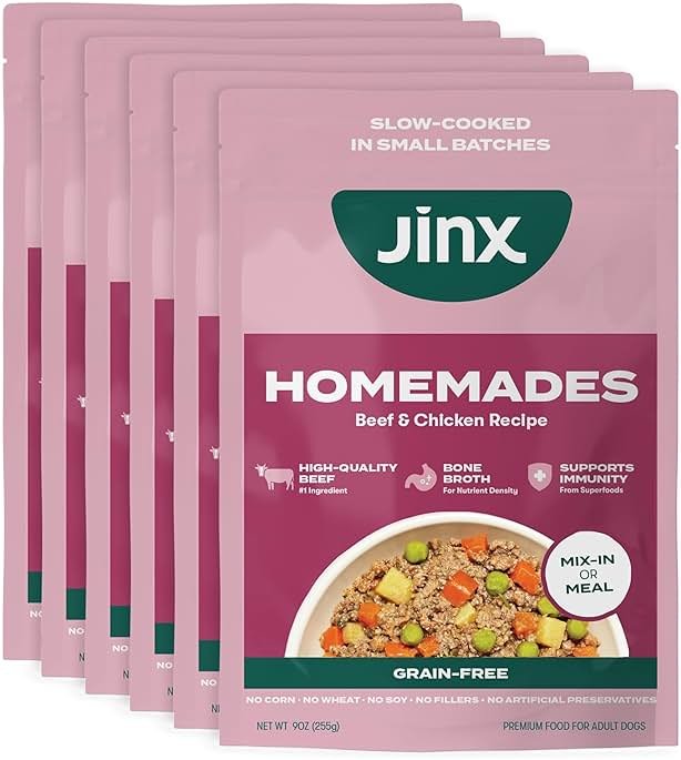 Jinx Beef & Chicken Grain Free Wet Dog Food Pouches, Meal or Dog Food Topper Mix-in, Made with Real Beef & Chicken, Bone Broth, No Fillers - Puppy, Adult, Senior, 9oz, 6 Pack - Product Image