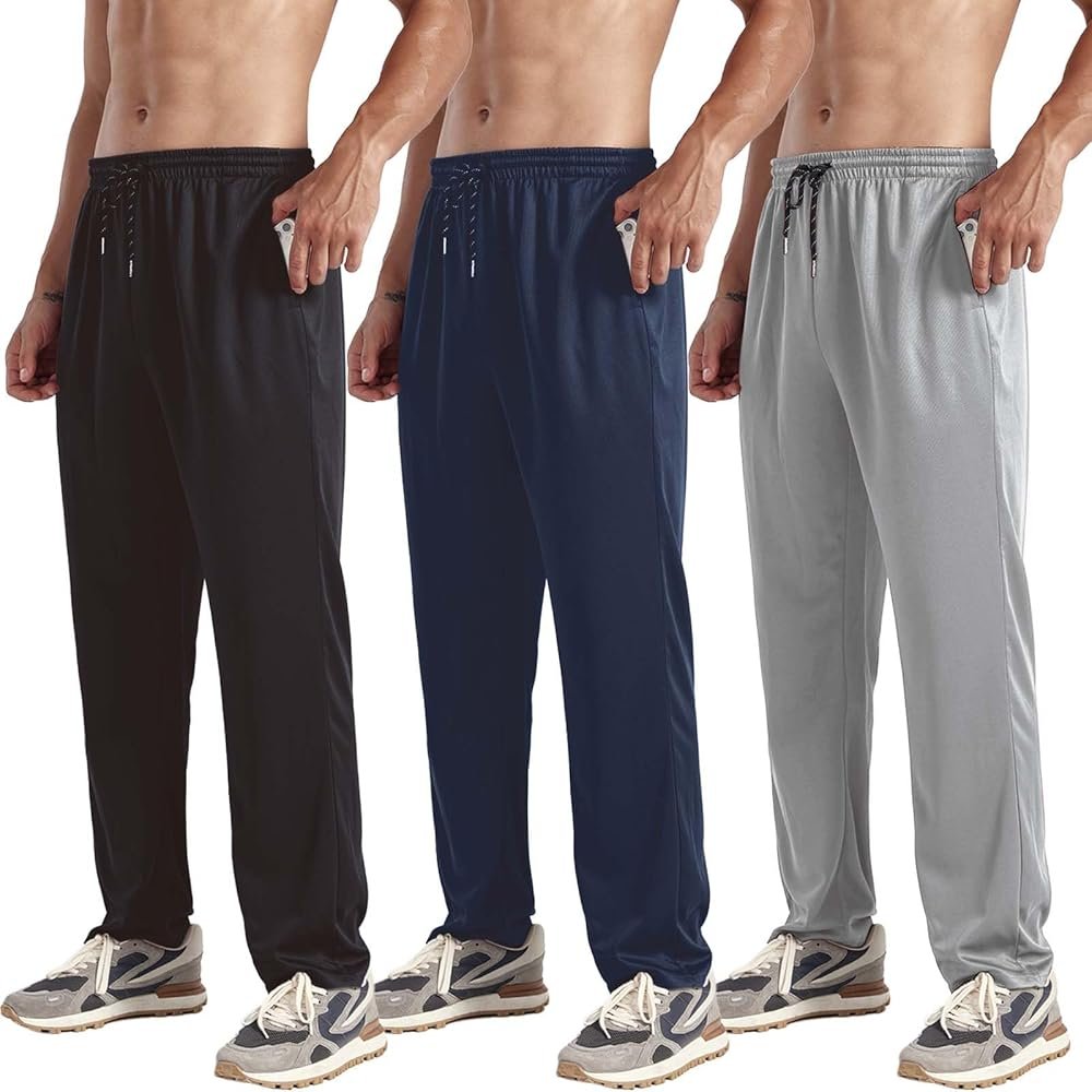 ZH 3 Pack Men's Sweatpants Open Bottom Joggers Lightweight Quick Dry Athletic Pants with Pockets for Workout & Lounge - Product Image