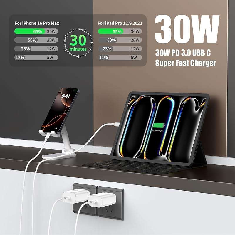 iPhone 17 16 Pro Max Charger Fast Charging USB C Charger Block, 30W USB-C Chargers with 3/6/10FT Type C Fast Charging Long Cable Cord for iPhone 17 16 15 Pro/Pro Max/Plus Series/iPad GalaxyS25/S24 - Image 4