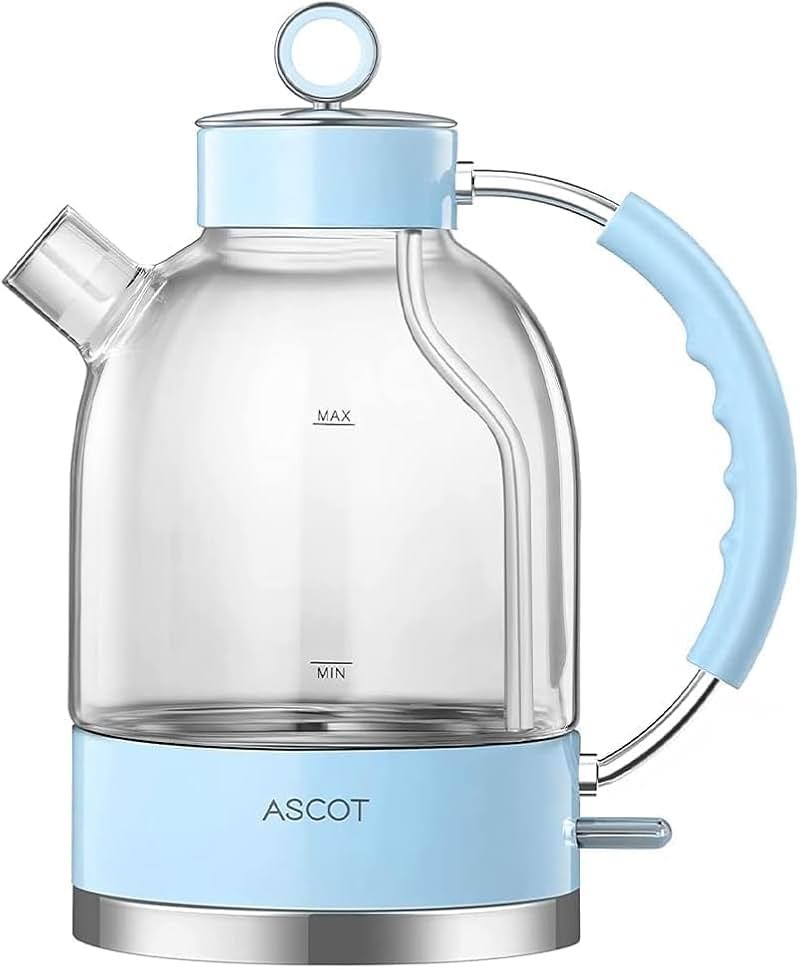 ASCOT Electric Kettle, Glass Electric Tea Kettle Gifts for Men/Women/Family 1.6L 1500W Borosilicate Glass Tea Heater, with Auto Shut-Off and Boil-Dry Protection (Blue) - Product Image