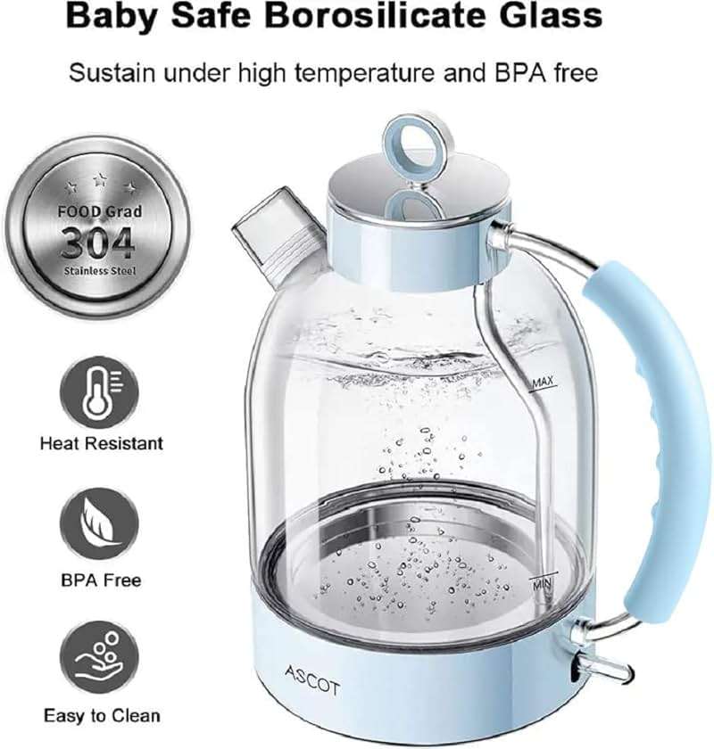 ASCOT Electric Kettle, Glass Electric Tea Kettle Gifts for Men/Women/Family 1.6L 1500W Borosilicate Glass Tea Heater, with Auto Shut-Off and Boil-Dry Protection (Blue) - Image 4