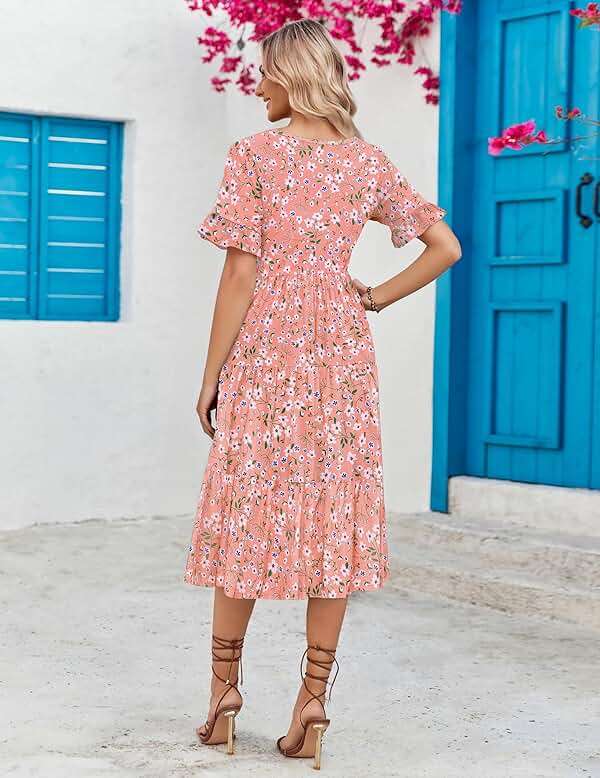 ZEAGOO Women's Summer Dresses Midi Tiered Casual Dress Floral V Neck Ruffle Short Sleeve Flowy Beach Dress with Pockets - Image 6