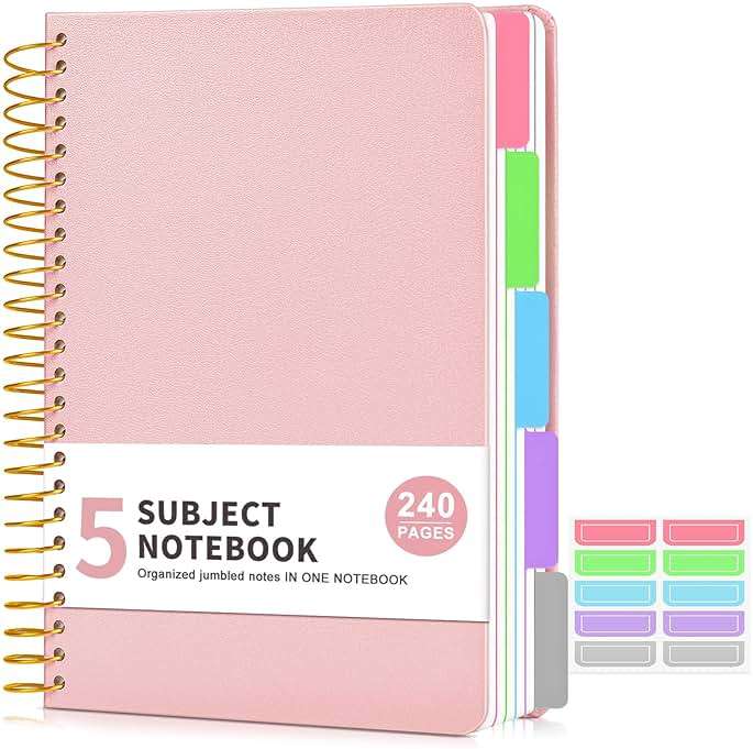 5 Subject Notebook College Ruled 240 Pages, A5(5.8"x8.3") Hardcover Spiral Notebook with Removable Pocket Dividers Tabs, Lined Spiral Journal Notebook for Women, Notebooks for Work School Note taking Pink - Image 1