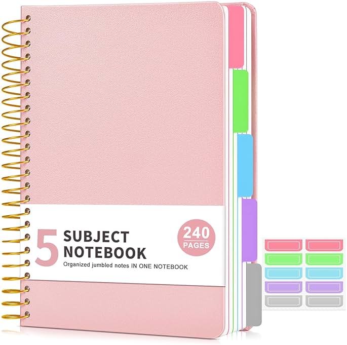 5 Subject Notebook College Ruled 240 Pages, A5(5.8"x8.3") Hardcover Spiral Notebook with Removable Pocket Dividers Tabs, Lined Spiral Journal Notebook for Women, Notebooks for Work School Note taking Pink - Product Image