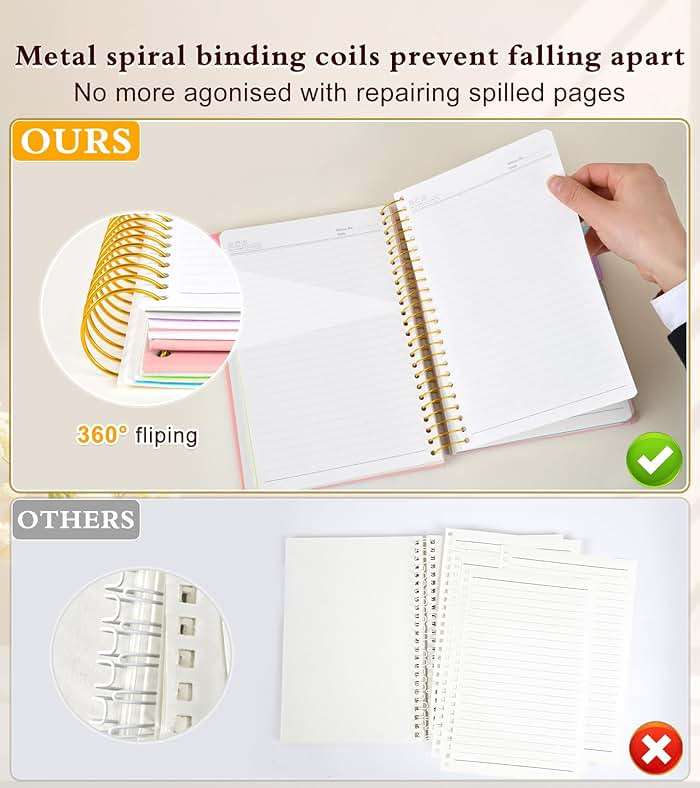 5 Subject Notebook College Ruled 240 Pages, A5(5.8"x8.3") Hardcover Spiral Notebook with Removable Pocket Dividers Tabs, Lined Spiral Journal Notebook for Women, Notebooks for Work School Note taking Pink - Image 5