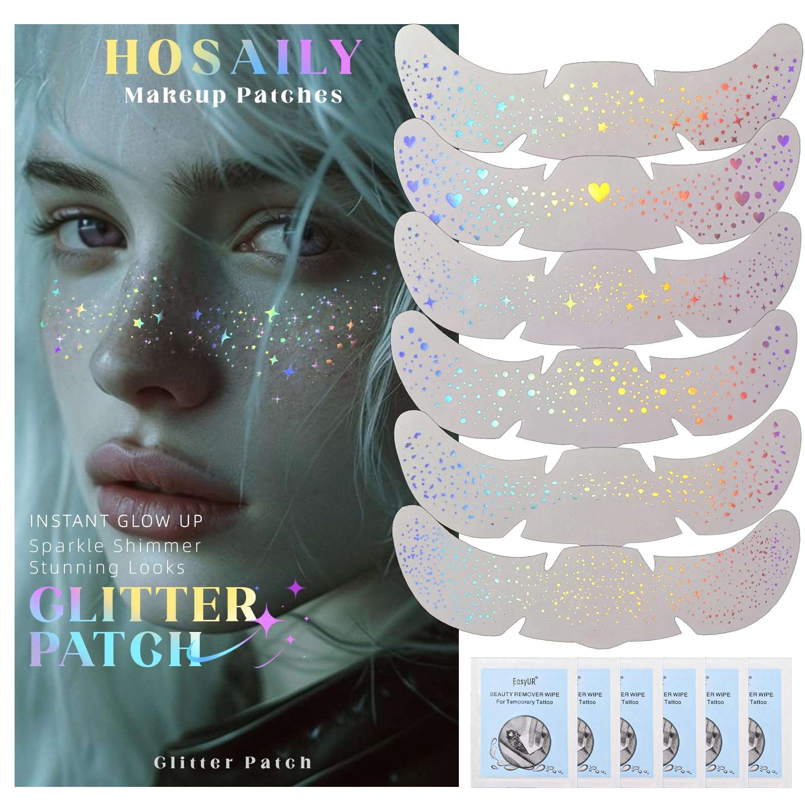 HOSAILY 6 pcs Holographic Glitter Freckles Face Tattoo, Waterproof Sparkle Body Glitter Speckles Patches for Women, Cute Star Glitter Stickers Temporary Tattoo Makeup Accessories for Festival Rave - Image 1