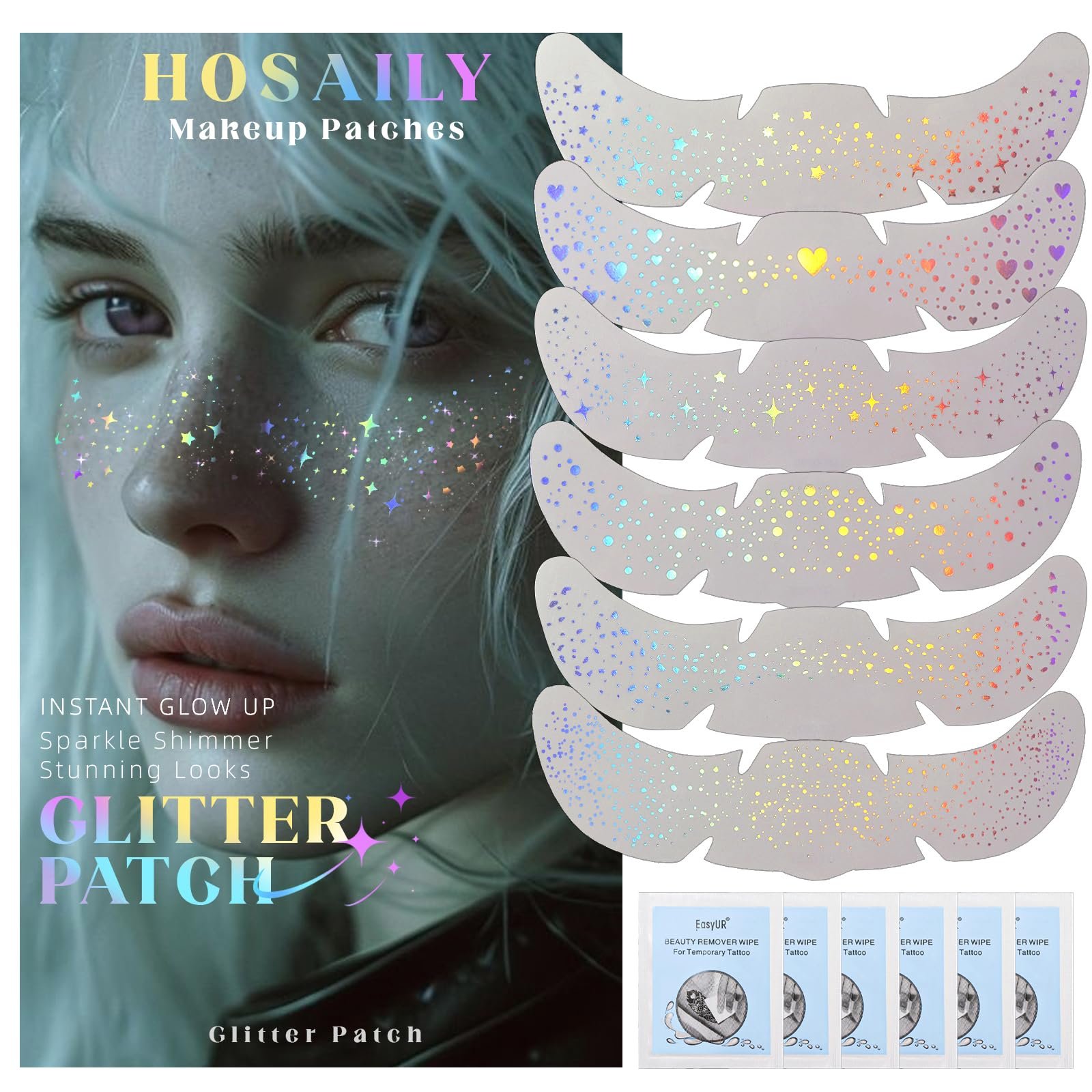 HOSAILY 6 pcs Holographic Glitter Freckles Face Tattoo, Waterproof Sparkle Body Glitter Speckles Patches for Women, Cute Star Glitter Stickers Temporary Tattoo Makeup Accessories for Festival Rave - Product Image