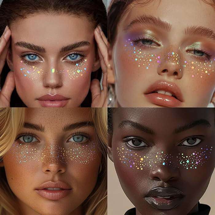 HOSAILY 6 pcs Holographic Glitter Freckles Face Tattoo, Waterproof Sparkle Body Glitter Speckles Patches for Women, Cute Star Glitter Stickers Temporary Tattoo Makeup Accessories for Festival Rave - Image 3